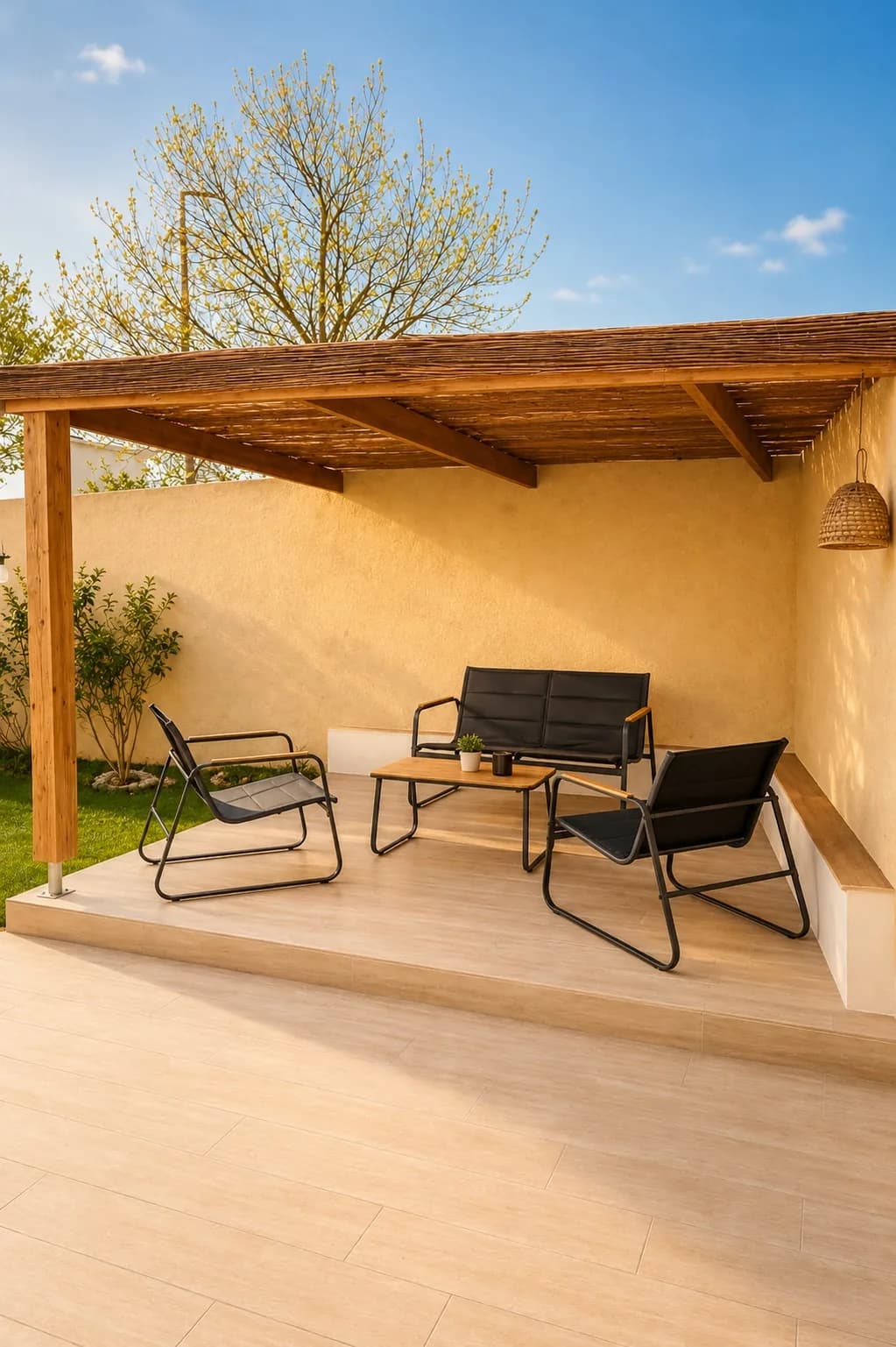 La terrasse et son salon d’extérieur sous la pergola de la Villa Yenna, à Vergèze